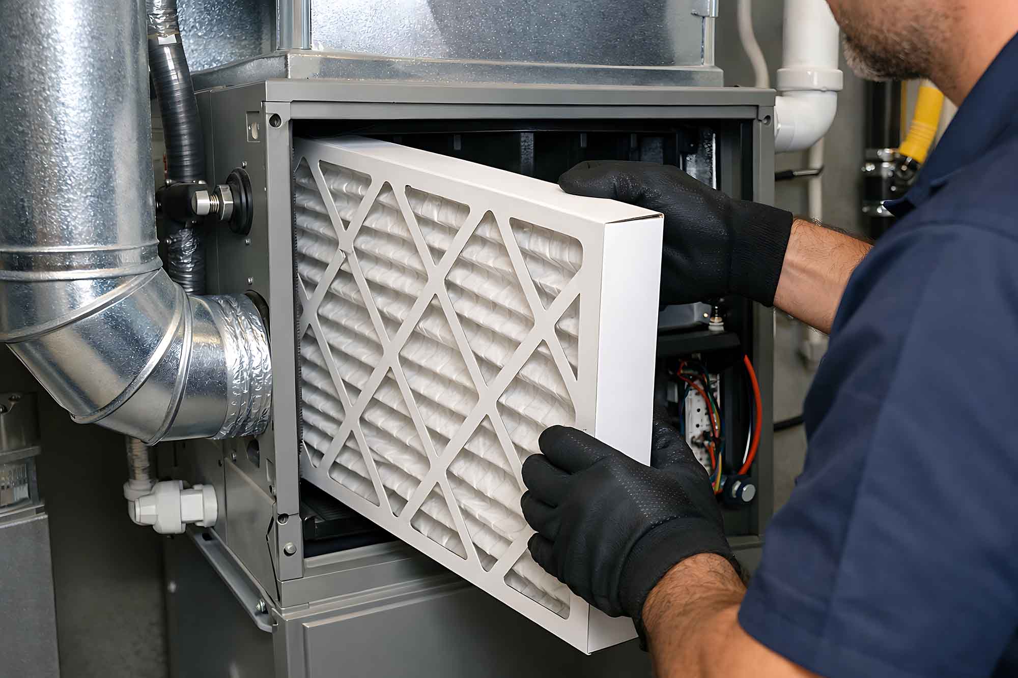 A person wearing black gloves is inserting a clean air filter into an HVAC furnace unit, surrounded by metal pipes and ducts—an essential step in AC repair and maintenance.