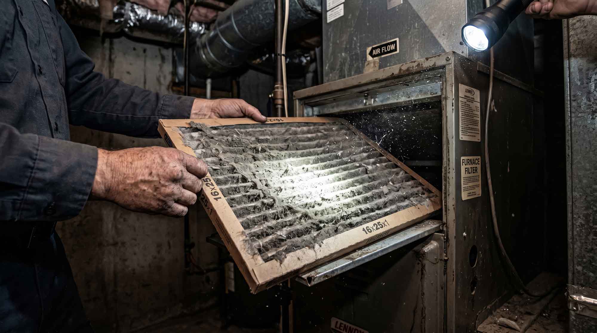 A person with dirty hands removes a dusty, clogged air filter from a furnace in a dimly lit Tennessee basement, using a flashlight to inspect the area—an essential step in AC repair and heat pump maintenance.