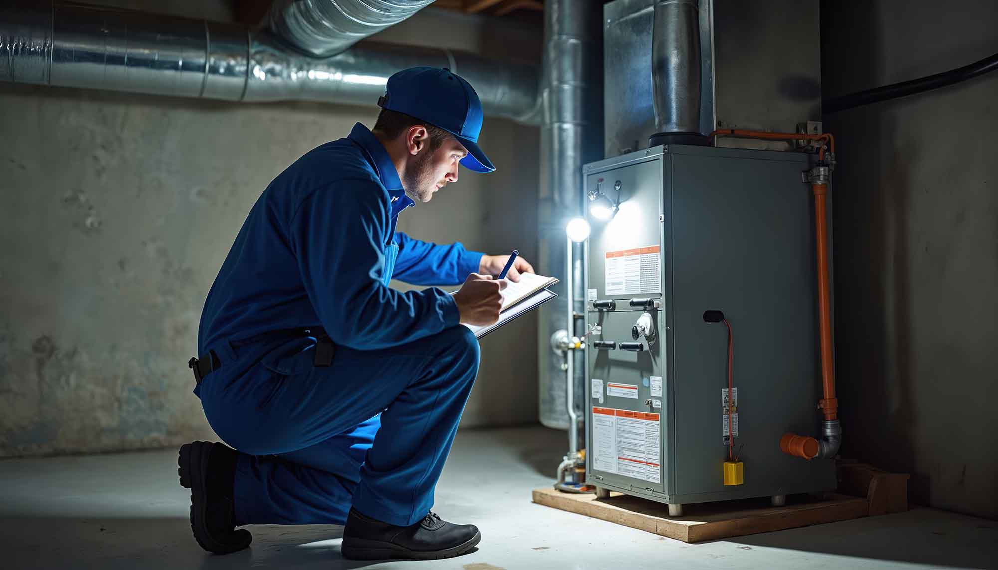 A technician in blue coveralls and cap inspects a furnace in a basement, writing notes on a clipboard. The area is lit by a work light, with HVAC air ducts visible overhead—providing expert service in Tennessee.